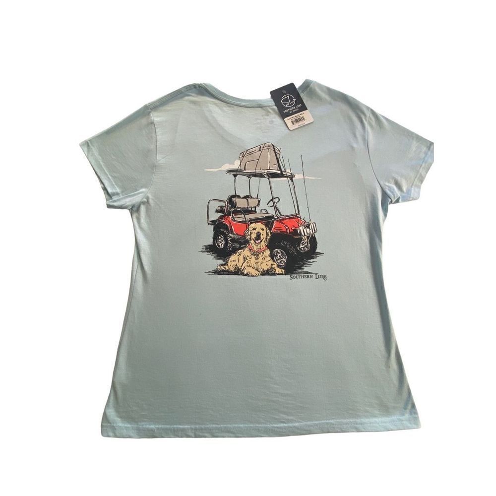 SOUTHERN LURE WOMENS XLARGE FISHING CART WITH DOG SKY BLUE VNECK TSHIRT